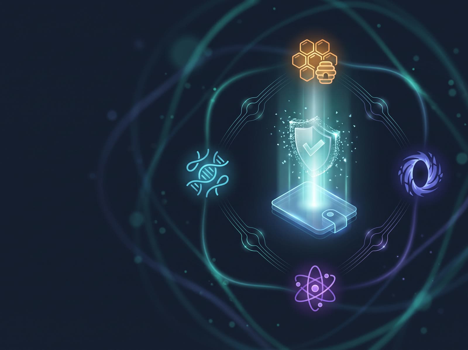 GENESIS shield decoding a transaction, surrounded by the Hive, Nucleus, Entanglement, and Multiverse concepts